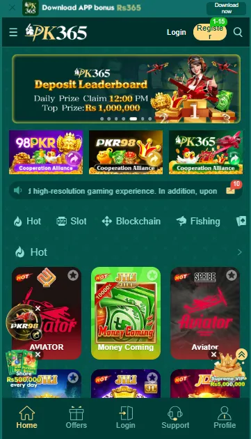 Homepage of pk365 game